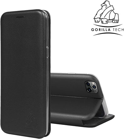 Gorilla Tech UK iPhone XS Max 6.5" PU Leather Case and Screen Protector Tempered Glass Wallet ID Card Holder Magnetic Closure Stand Curved Slim Flip Cover Black